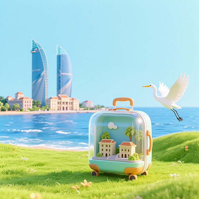 一个透明行李箱，双子塔、厦门大学、大海、白鹭组成的3d微缩景观在行李箱中，行李箱被放在草地上