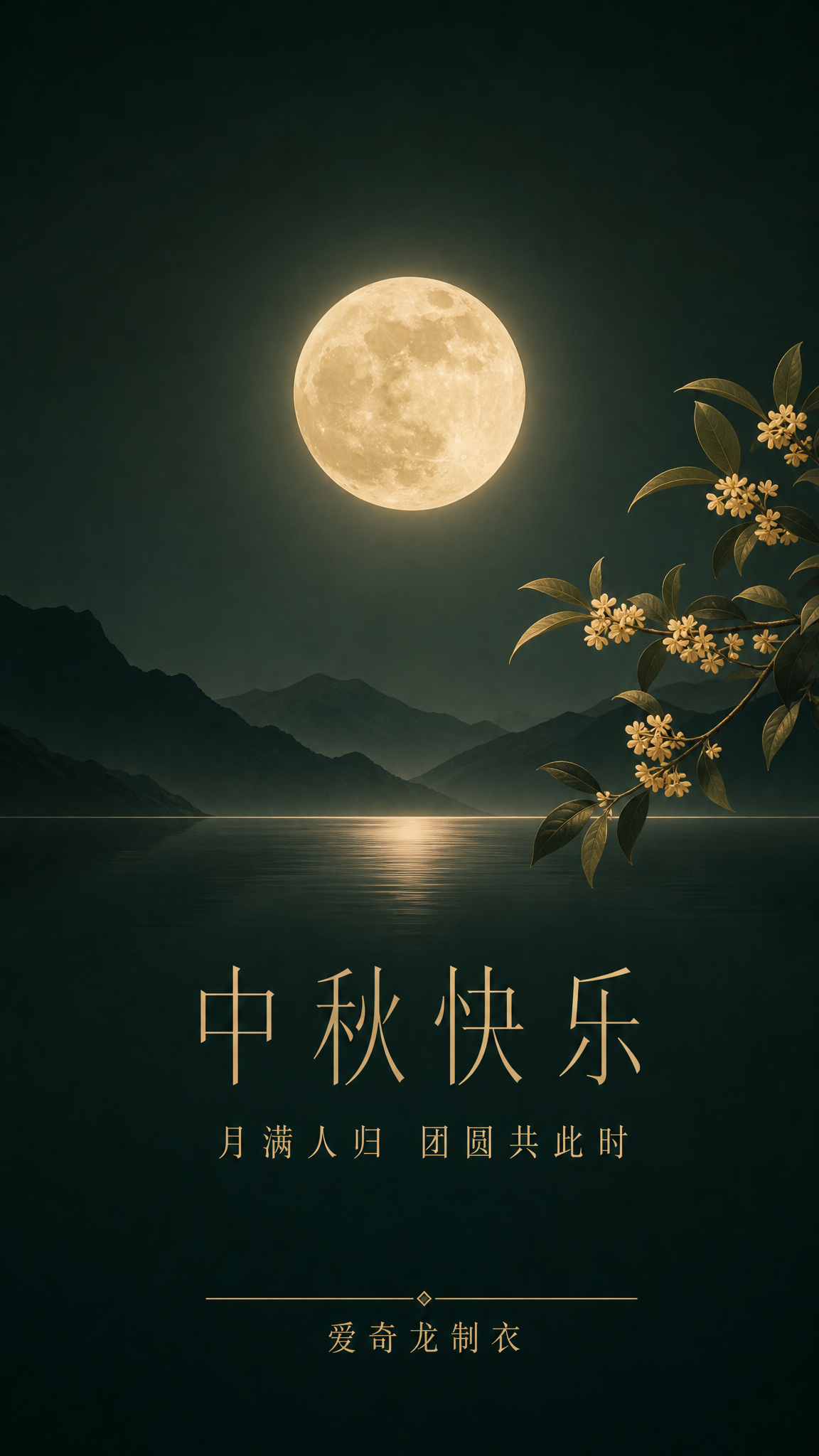 中秋节企业祝福海报，稳重商务风格，竖版构图。背景是深墨绿色到深… - 图片创意预览