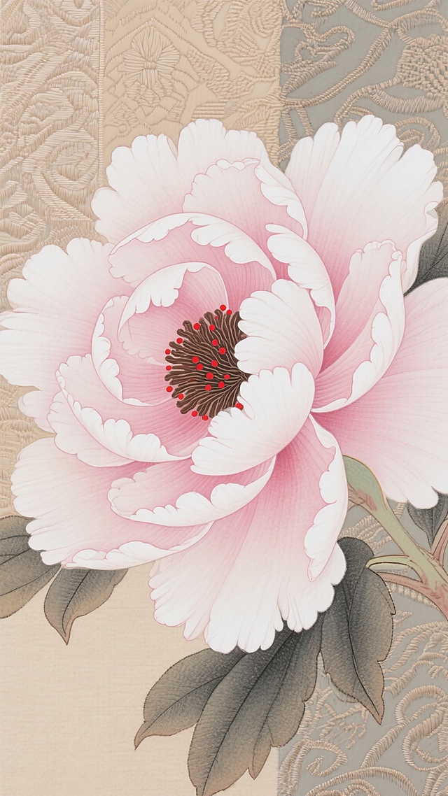 中国工笔花鸟画风格，一朵盛开的粉色与白色渐变牡丹花，花瓣层次丰富，边缘呈柔和的粉色过渡，花蕊为深褐色点缀红色细点，线条细腻流畅，色彩淡雅清新，背景为不同纹路的精美刺绣图案，刺绣纹理清晰可见，整体画面具有传统工笔画的精致笔触和典雅韵味，构图简洁，主体突出，色调和谐统一。