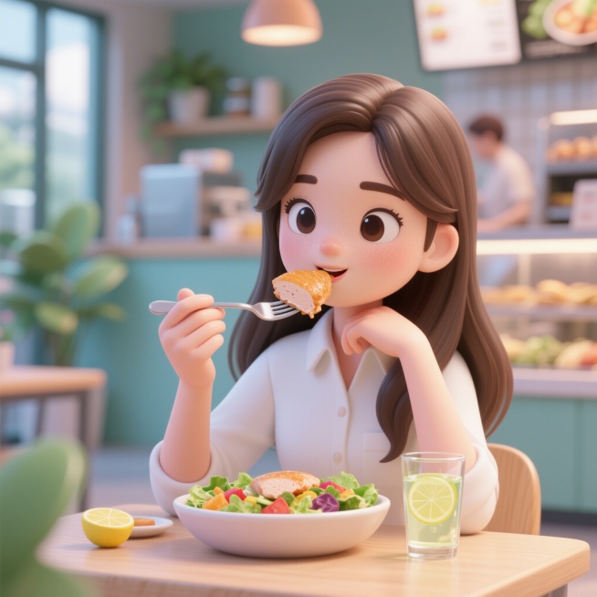 趣味3D插画风格，C4D渲染，OC渲染，Blender建模，柔软光线，马卡龙色系，泡泡玛特盲盒质感，光滑黏土材质，影棚打光，8k分辨率，超细节，一位年轻女性，长发披肩，穿着简约白色衬衫，坐在明亮的轻食预览效果