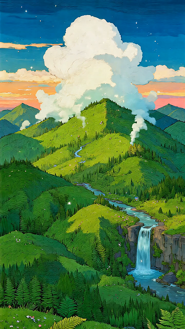 梦幻感与清新感交织的插画风山水，融合动漫风线条与水彩风色彩，展现虚拟自然的唯美画卷，星空点缀的晨曦山谷，静谧而神秘。