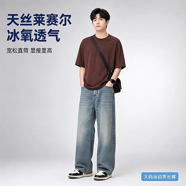 淘宝男装牛仔裤主图首图，800x800正方形，正面全身模特穿搭展示。年轻帅气亚洲男模特，黑色短发，面容干净清爽，身穿深棕色宽松短袖T恤，下身穿着浅蓝色水洗天丝莱赛尔直筒牛仔裤，脚穿黑白拼色休闲运动鞋，斜挎黑色小包，双手自然插在裤袋里，站姿挺拔自然。背景为极简浅灰色渐变影棚背景，干净高级。左上角留白处放置大字主标题"天丝莱赛尔 冰氧透气"，字体为现代无衬线粗体，深蓝色；下方小字副标题"宽松直筒 显瘦显高"，字号约为主标题一半，深灰色。右下角小标签"大码运动男长裤"，白色字配浅蓝色圆角底框。商品主体（裤子）占画面比例约65%，突出裤子版型和垂坠感。商业摄影质感，光线柔和均匀，正面柔光，阴影自然，画面通透干净，超高清。保持牛仔裤外观颜色材质与参考图绝对一致，杜绝变形色差。负向提示：变形，文字错乱，产品模糊，背景杂乱，水印，电商平台Logo。