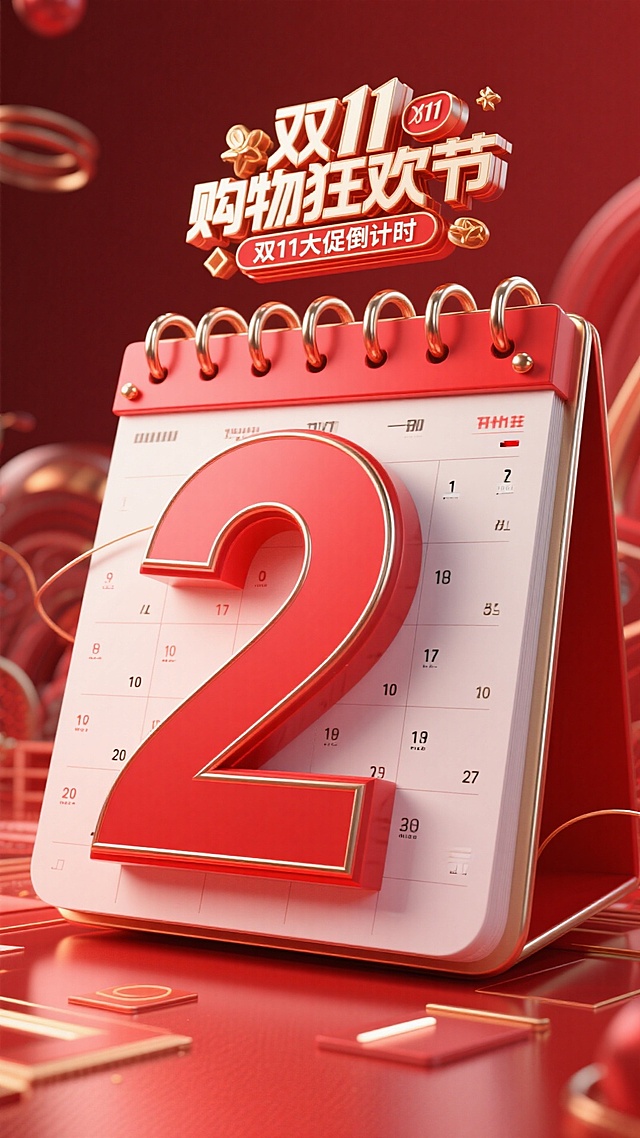 巨型日历造型红色数字 “2”，有金属顶框，顶部设置 “双11购物狂欢节” 标签，搭配 “双11大促倒计时 ”文字，朱红色背景，融入等装饰元素，整体营造紧迫的促销倒计时氛围