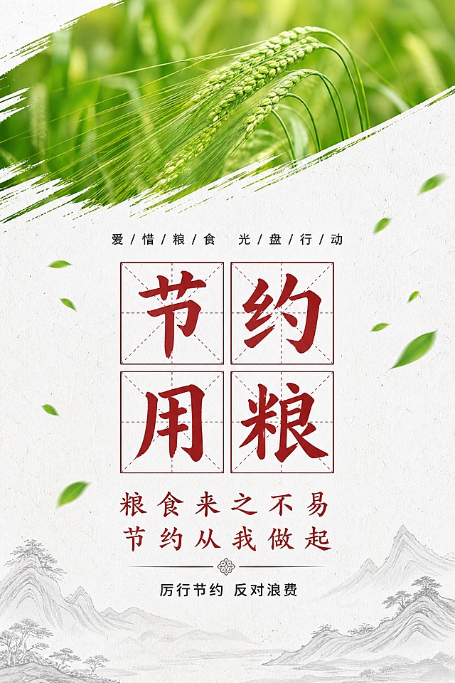 食堂文明海报设计，竖版3:2比例，新中式简约风格。顶部斜切展示绿色稻田麦穗摄影图：饱满的青绿色稻穗，清新自然光线，生机勃勃。下方白色宣纸质感背景，带细微颗粒纹理。顶部小字"爱惜粮食 光盘行动"。中央两个红色田字格，每个格子内一个大字，组成"节约用粮"，红色书法字体。田字格下方红色小字"粮食来之不易 节约从我做起"。再下方黑色小字"厉行节约 反对浪费"。左右点缀飘落的绿色小叶子，底部隐约有淡灰色山水线条装饰。整体雅致清新，中式文化气息，排版精美，文字清晰可读。