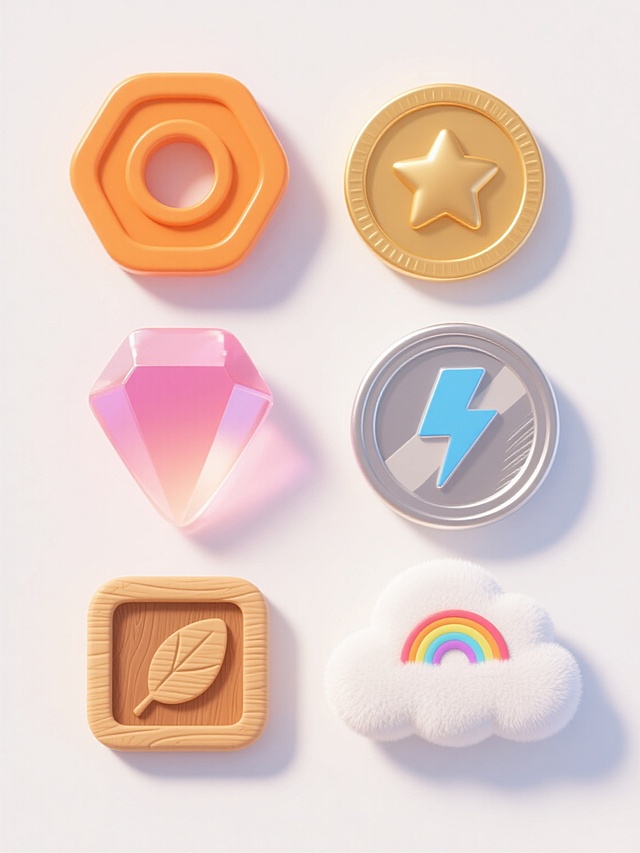 白色背景上，六个不同样式、不同材质、不同元素的积分整齐排列，采用3D卡通风格，整体呈现圆润可爱的造型，主色调为温暖的橙色和金色，搭配柔和的高光和阴影，营造出立体感和光泽感。每个积分都有独特的设计：一个是带有圆形镂空的六边形橙色积分牌，表面光滑有塑料质感；一个是金色圆形硬币，中间有凸起的五角星图案，边缘有细致的纹路，呈现金属光泽；一个是半透明的粉色宝石状积分，内部有渐变效果，表面有轻微的反光；一个是类似游戏币的设计，银色底色上有蓝色的闪电图案，带有磨砂质感；一个是木质纹理的方形积分，上面雕刻着叶子图案，边缘有自然的木纹；还有一个是云朵形状的白色积分，边缘有柔软的绒毛质感，中心有一个小小的彩虹图案。所有积分大小相近，间距均匀，呈现出和谐有序的视觉效果，整体氛围欢快活泼，充满奖励感和收藏价值。