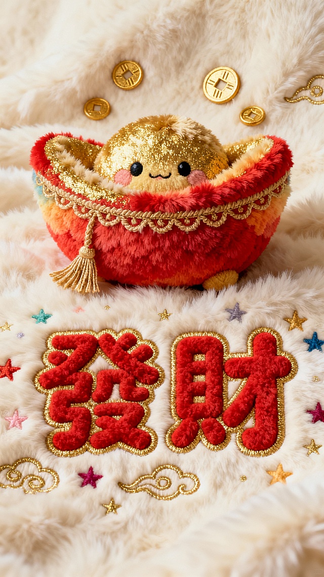 一张具有毛绒质感的发财主题设计图，整体采用米白色毛绒材质作为背景，触感柔软细腻。画面中央是一只色彩鲜艳的卡通毛绒小元宝，元宝呈圆润饱满的形状，表面覆盖着金色和红色渐变的毛绒，边缘有精致的毛绒流苏装饰，显得富贵又可爱。元宝上方点缀着几个小巧的金色毛绒铜钱，铜钱上有清晰的纹路细节。画面下方是醒目的繁体字“發財”，字体圆润可爱，采用无衬线设计，填充为大红色毛绒材质，边缘有金色毛绒勾边，立体感十足。文字周围环绕着一些细小的金色毛绒祥云图案和彩色毛绒星星作为装饰，增添了喜庆氛围。整体构图饱满，色彩以红色、金色和米白色为主，和谐统一，视觉层级分明，能够快速传达出发财的吉祥寓意，充满温馨可爱的设计感。