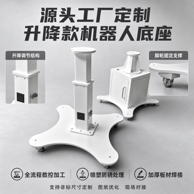 [主图-3] 升降机器人底座源头工厂实力展示图
[氛围风格] 硬核实力风，突出工艺和定制服务优势
[画质] 商业摄影质感，细节清晰锐利，材质真实突出
[元素] 前景升降机器人底座主体居中放大展示，后方预览效果
