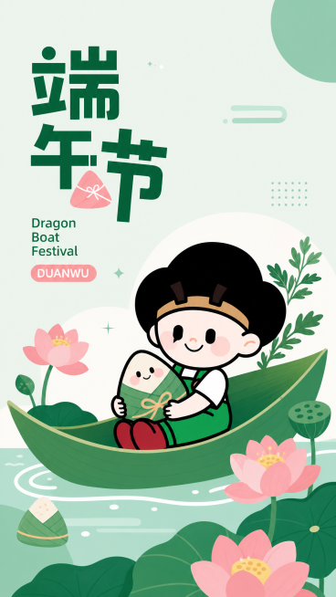设计一张全新的端午节封面，简约MBE风格，和去年封面风格完全不同，使用第二张图的IP形象设计，保留文字"端午节"、"Dragon Boat Festival"、"DUANWU"，融入端午粽子、荷花元素预览效果