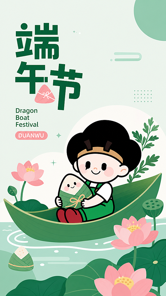 设计一张全新的端午节封面，简约MBE风格，和去年封面风格完全不同，使用第二张图的IP形象设计，保留文字"端午节"、"Dragon Boat Festival"、"DUANWU"，融入端午粽子、荷花元素，和原图设计差异化