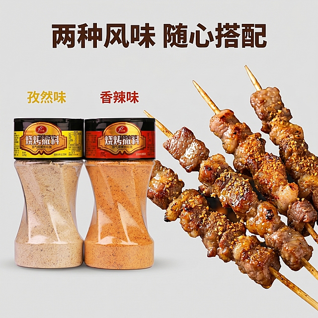 [主图 2] 产品与使用场景特写，展示两款烧烤撒料和烤制好的肉串，突出核心风味。[氛围风格] 真实食材展示，浓郁食欲感。[画质] 商业美食摄影质感，超高清晰度，产品细节清晰真实，画面干净高级。[元素] 左侧摆放两瓶烧烤撒料（孜然味/香辣味），保持产品外观（物理结构、材质质感、颜色）与输入产品图绝对一致，杜绝任何变形和色差，精细化处理。右侧是几串烤好的油亮肉串，表面均匀撒了本款烧烤撒料，能看到附着的细小香料颗粒。商品主体占比约70%，画面满屏无边框。[光影] 自然暖光侧打，突出香料颗粒纹理和烤肉油光，层次分明，食欲感强。[配色] 主色调烤肉暖棕黄，产品黄红色作为对比点缀，背景中性灰突出主体。[视角构图] 平视，产品和烤肉左右分布，构图均衡稳定。[文字版式] 画面上方居中排列，大字主文案"两种风味 随心搭配"，深棕色粗体，下方小字分别标注"孜然味"和"香辣味"，对应产品颜色，文字不遮挡主体。[比例分辨率] 1:1比例，2k分辨率，文字清晰锐利，画面超高清。[负向提示词] 变形，水印，文字错乱，产品模糊，背景杂乱，文字遮挡主体，配色刺眼。
