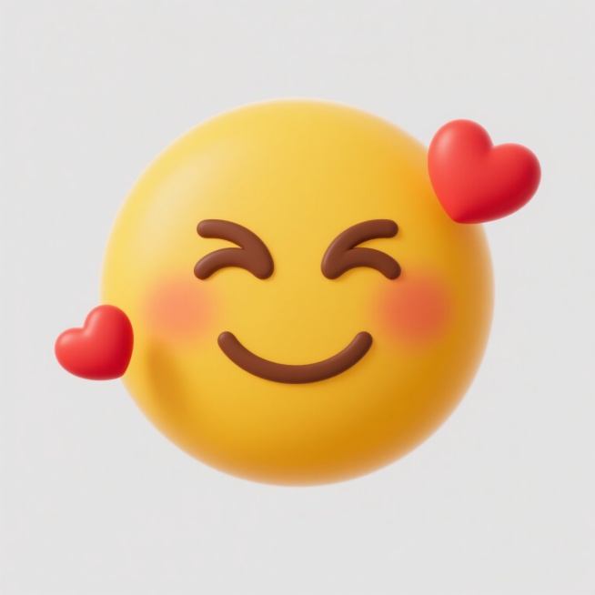 一个黄色圆形笑脸emoji，眉毛呈弯曲的棕色弧线，双眼眯成两条棕色弯线，脸颊有淡淡的橙红色腮红，嘴巴是向上弯曲的棕色微笑弧线，左右两侧和右上方各有一个红色爱心，所有元素均为平滑圆润的卡通风格，边缘清晰无锯齿，整体色彩鲜明饱和，背景为纯白色纯色背景。预览效果