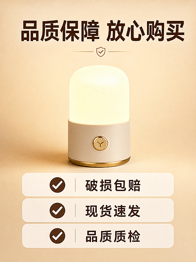 [主图-10] 售后保障服务信息展示。氛围风格：简洁干净可信风；画质：清晰商业设计风。元素：干净浅棕色渐变背景，居中放置小夜灯缩略图，下方分点展示售后保障信息，每点带对勾图标。文字版式：顶部大字写"品质保障 放心购买"深棕色，下方分点：破损包赔 | 现货速发 | 品质质检，清晰排版，每点带✓图标，文字大而清晰易于阅读。比例分辨率：3:4比例，2k分辨率；文字清晰，画面超高清。负向提示词：变形，水印，文字错乱，背景杂乱。
