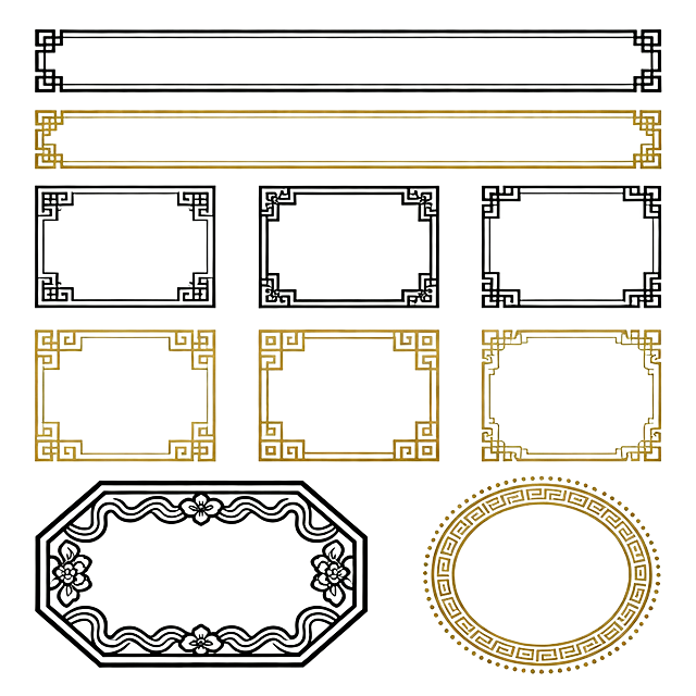 一组不同配色与样式的中式边框设计集合，白色背景，包含多种几何形状的边框：上方为两个水平长条形边框，左侧为黑色细线勾勒，四角有简约方形纹饰，右侧为金色细线条，四角带有回纹装饰；中间部分是两行各三个方形边框，上行三个为黑色线条，边框四角装饰有传统中式纹样，纹样复杂度略有不同，下行三个为金色线条，同样在四角有精致的回纹和几何图案；底部则是两个特殊形状边框，左侧为黑色线条勾勒的八边形如意纹边框，边缘有连续的波浪形和对称花卉图案，右侧为金色圆形边框，边缘环绕着细密的连续回纹和点状装饰，所有边框线条均匀流畅，图案对称工整，具有浓厚的中国传统装饰风格，整体设计简洁大方，适合作为各类设计作品的装饰性框架使用