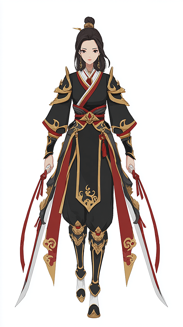 Full body character illustration for mobile game, RPG mobile game character concept art, 2D anime style, Chinese fantasy Xianxia style, female swordsman, calm and cool personality, elegant Chinese Xianxia clothing, color scheme of black red and gold, narrowed cuffs, tapered pants, great sword, floating ribbon, jade pendant, cloud pattern, Taoist talisman, clean line art, 2D game art