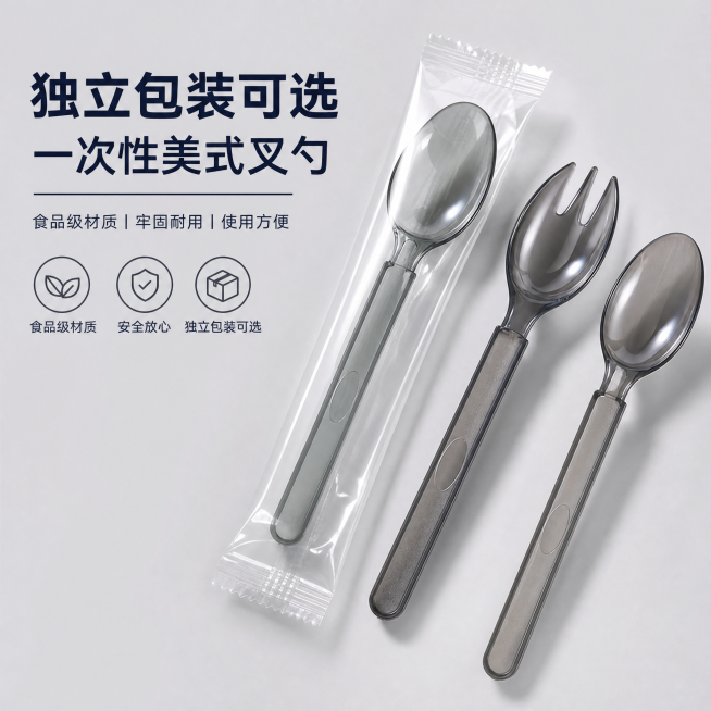完全重绘食品级一次性美式叉勺商品主图，保留勺子主体，勺子颜色和质感不变，更换全新浅灰色背景，全新场景、构图、文案排版，文案"独立包装可选 一次性美式叉勺"，1:1比例，适合1688批发平台，完全不复用预览效果