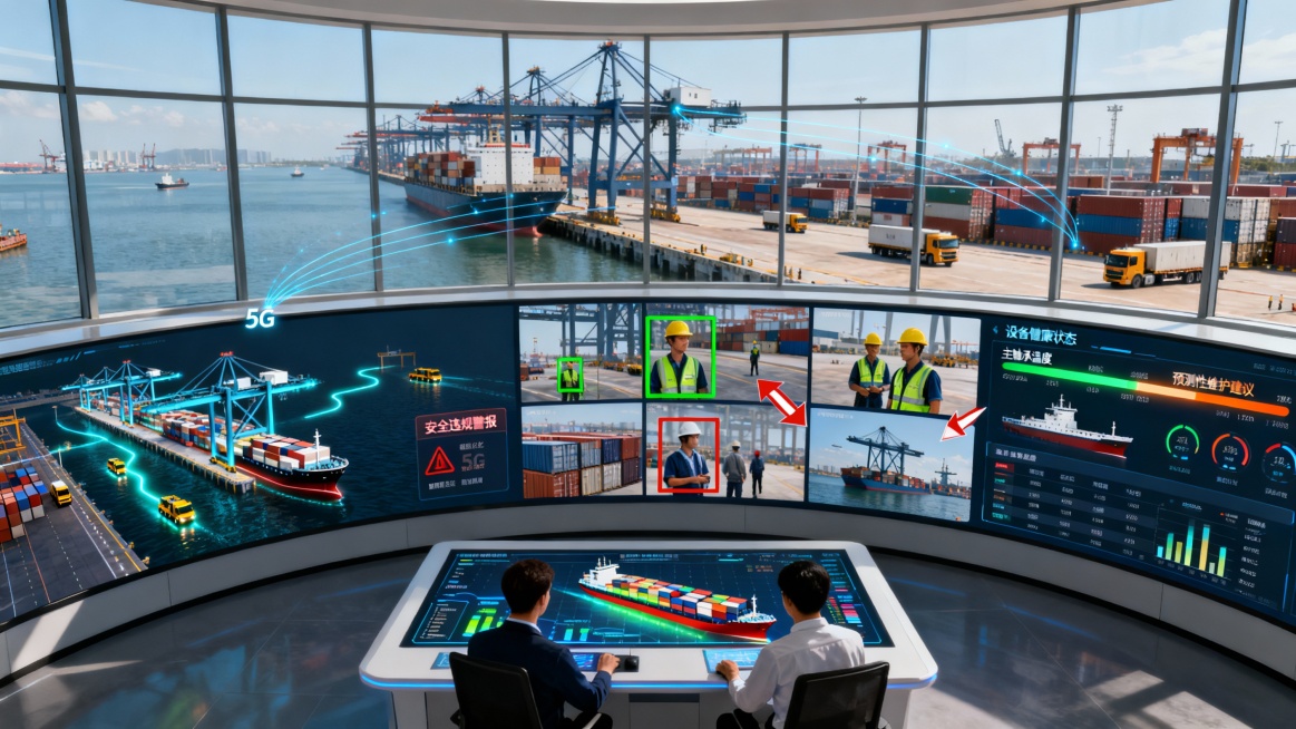 画面展现现代化集装箱港口全景式智能监控大厅。背景是巨大的弧形玻璃幕墙，窗外是繁忙的作业码头，龙门吊、集卡有序运作，展现了港口的整体活力。

大厅中央，一面巨大的弧形监控屏是视觉核心。屏幕被分割为多个功预览效果