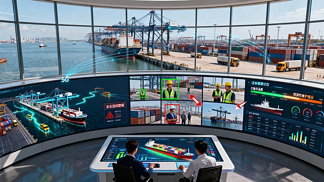 画面展现现代化集装箱港口全景式智能监控大厅。背景是巨大的弧形玻璃幕墙，窗外是繁忙的作业码头，龙门吊、集卡有序运作，展现了港口的整体活力。

大厅中央，一面巨大的弧形监控屏是视觉核心。屏幕被分割为多个功能区：左侧显示着港口三维数字孪生模型，其中数台龙门吊和集卡正按照优化后的路径高亮闪烁移动，体现了智能调度；屏幕中部是多个实时视频流，其中一个画面中，系统用绿色框标识出标准佩戴安全帽的工人，而用醒目的红色框与箭头标注出一名未戴安全帽的人员，并弹出“安全违规警报”；屏幕右侧则滚动着设备健康状态仪表盘，一台岸桥的“主轴承温度”参数条正从绿色变为橙色闪烁，提示“预测性维护建议”。

屏幕前，两名调度员正专注工作，一人面前的交互桌上投射着待装卸货轮的货物堆存热力图与最优装载计划。空中隐约可见象征5G高速数据传输的细微蓝色光流线条，连接着窗外实景与室内数据世界。

整体场景光线明亮、视野开阔，氛围专业且高效。科技感集中体现在清晰、多维且智能联动的数据可视化界面上，强调了AI平台如何作为“智慧大脑”，将分散的感知、分析、决策与调度融为一体，驱动整个港口如同精密仪器般协同、安全、高效地运转。风格为写实的现代工业指挥中心，突出数据驱动决策的静默力量。比例16:9