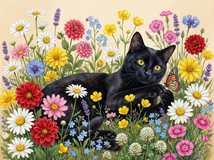 画面中间是一只纯黑色短毛猫，毛发油亮有光泽，明亮黄色眼睛，姿态放松蹲坐在花丛中抓蝴蝶，身体下半部分被花朵遮挡，探出头的状态。猫咪被茂密野花丛半包围，周围是繁茂野花花海，包含各色雏菊（白、黄、粉、红、蓝预览效果