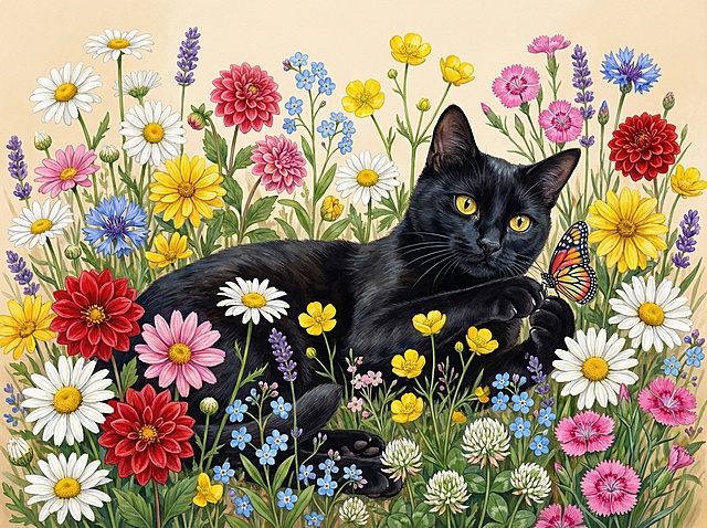 画面中间是一只纯黑色短毛猫，毛发油亮有光泽，明亮黄色眼睛，姿态放松蹲坐在花丛中抓蝴蝶，身体下半部分被花朵遮挡，探出头的状态。猫咪被茂密野花丛半包围，周围是繁茂野花花海，包含各色雏菊（白、黄、粉、红、蓝）、红色大丽花、黄色毛茛、紫色薰衣草、蓝色勿忘我、白色三叶草、粉色石竹，花卉高低错落层次丰富，叶片茎干细节清晰，背景是柔和暖米色，超写实水彩油画质感，融合现代数字绘画技术的艺术插画，高清晰度，高清画质，高分辨率，高度详细，细节丰富、色彩鲜艳，整体色彩饱和度高
