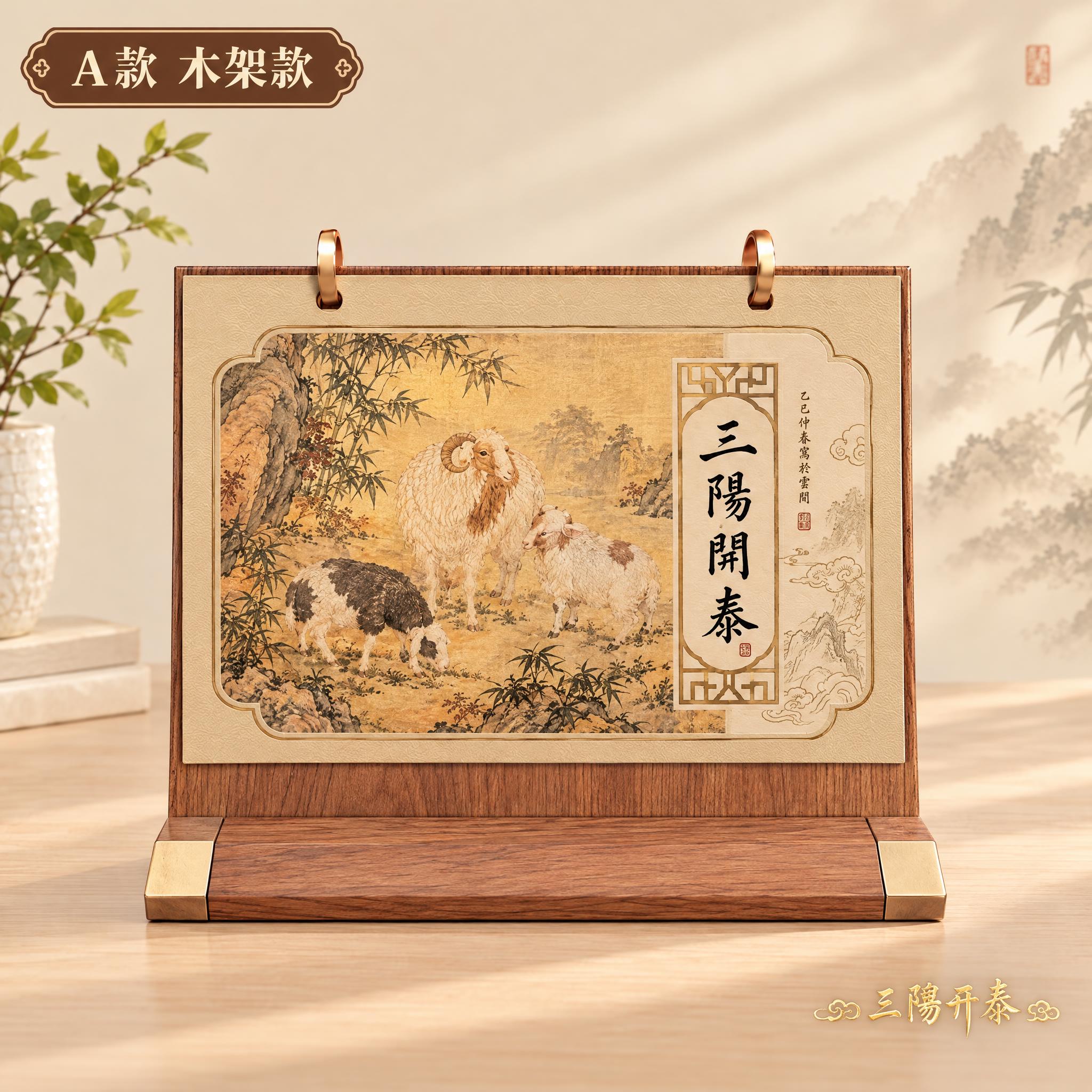生成A款木架台历主图，三阳开泰国画款。台历画面是仿古绢本风格的… - 图片创意预览
