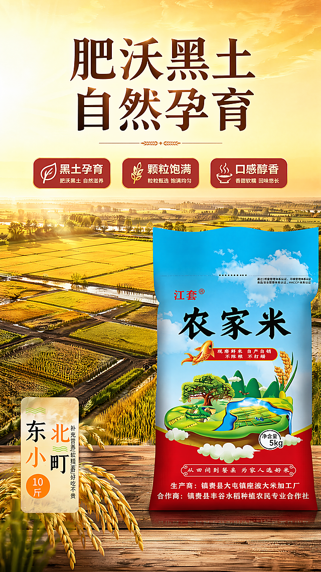 [第2屏] 东北小町农家米核心产地展示。自然原生态，东北黑土地稻田风光。左半航拍黑土稻田实景，右半放【图1】产品包装占45%，保持包装不变。顶部标题「肥沃黑土 自然孕育」，下方三个卖点标签。全局暖金底色，9:16竖版，4K，文字清晰。负向提示：包装变形，文字错乱。