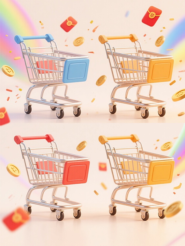 3D渲染风格电商促销海报，浅色背景上，上下两行对齐排列4个不同配色、不同样式、不同材质的购物车，每个购物车细节丰富，金属框架呈现明亮金属光泽，塑料部件具有光滑质感，购物车周围环绕彩色渐变光效，飞溅的金币和红包元素动感十足，融入醒目双11促销文案，整体画面充满欢快氛围，视觉层次分明，信息传达高效，强促销属性，高光与阴影处理细腻，色彩鲜明和谐，现代感十足。