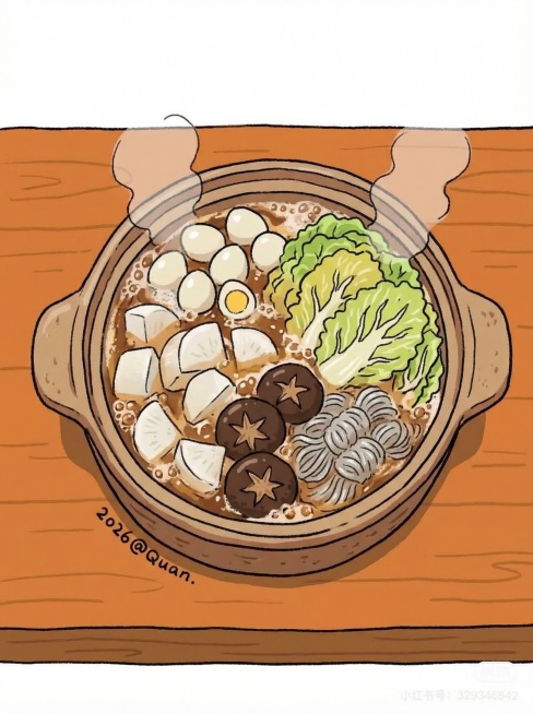 按照当前插画画风，绘制一个俯视角度的正在煮的砂锅，砂锅里有鹌鹑蛋、萝卜、香菇、白菜、魔芋面预览效果