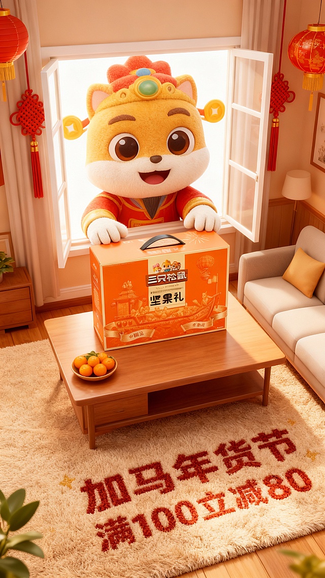 3d卡通风格，客厅景观。Q版巨大灶王爷（形象软萌）从窗户外探身进来，双手把图中主体放在客厅桌上（桌面摆放橘子、果盘），客厅装饰中国结、灯笼元素，暖色调喜庆氛围，画面底部毛绒地毯上绣着“加马年货节”“满100立减80”，轻微俯拍视角。
