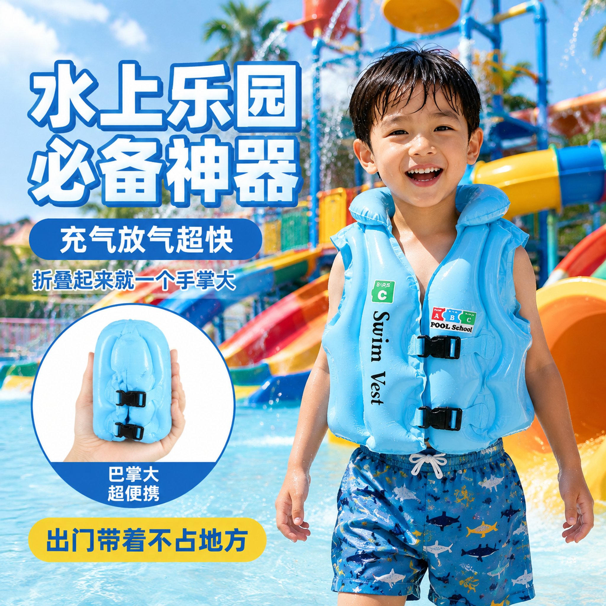 拼多多风格儿童浮力背心主图第七张，水上乐园场景。画面右侧蓝色儿… - 图片创意预览