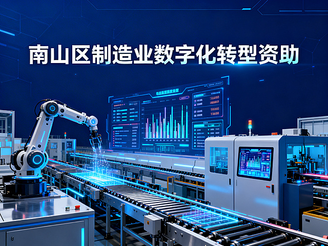 南山区制造业数字化转型资助 政务政策宣传图，科技制造风格，深蓝科技背景，清晰展示政策名称，搭配数字化工厂元素，现代专业