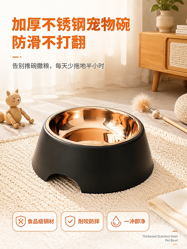 填充营销文字
统一视觉规范
主色调：奶油白背景 + 暖橙辅助色 + 哑光黑碗身 + 玫瑰金 / 金色金属内碗，整体治愈轻奢居家风
光影：柔和自然光侧光，突出不锈钢镜面反光质感，避免死黑、过曝
道具：原木家具、针织地毯、简约软装、原木小人摆件、宠物逗猫棒等低饱和度软装道具，不抢产品主体视线
宠物模特：布偶猫、柯基、金毛，毛发柔和干净，营造温馨养宠氛围
文字规范：主标题粗黑体橙色，说明文字细黑灰色，卖点标签圆角橙色白底，英文小字浅灰辅助
分屏重点画面落地要求
痛点屏：左右明暗对比，左图低饱和灰暗滤镜，右图明亮暖光，强化优劣视觉差
防滑卖点屏：增加动态示意图层，模拟狗狗扒拉碗，碗纹丝不动的演示效果
清洗卖点屏：高速水流冲击碗内壁，油脂瞬间滑落的特写，强化 “一冲即净” 视觉感知
对比表格屏：采用干净白底表格，劣质产品灰色弱化，本品橙色高亮突出优势
五、全版配套营销文案（可直接复制使用）
主标题（搜索适配 + 痛点直击）
加厚不锈钢宠物碗防滑不打翻 猫狗食盆耐咬防摔大容量喝水粮碗
食品级不锈钢狗碗大型犬金毛防滑底猫碗防打翻宠物粮食盆
短副标题（详情页各屏通用）
告别推碗撒粮，每天少拖地半小时
食品级钢材，杜绝猫咪黑下巴
加厚耐啃，大狗造不坏，小狗用多年
镜面光滑不挂油，懒人清洗一秒搞定
痛点短句（痛点屏专用）
塑料碗藏污纳垢，猫咪黑下巴反反复复
薄铁皮一咬变形，边缘锋利划伤宠物嘴
干饭小霸王推碗满地粮，地面黏糊糊难清理
内壁粗糙挂油脂，隔夜异味难刷洗
卖点利益短句（短平快适配短视频 / 图文）
底部全包硅胶防滑圈，再调皮也推不动
加厚食品不锈钢，啃不烂、不生锈、更健康
圆润加宽包边，舔食不划嘴，拱食不打翻
镜面抛光内壁，清水一冲，残渣全带走
三规格全适配，从小奶猫到大金毛都能用
轻奢双色外观，放家里好看不突兀