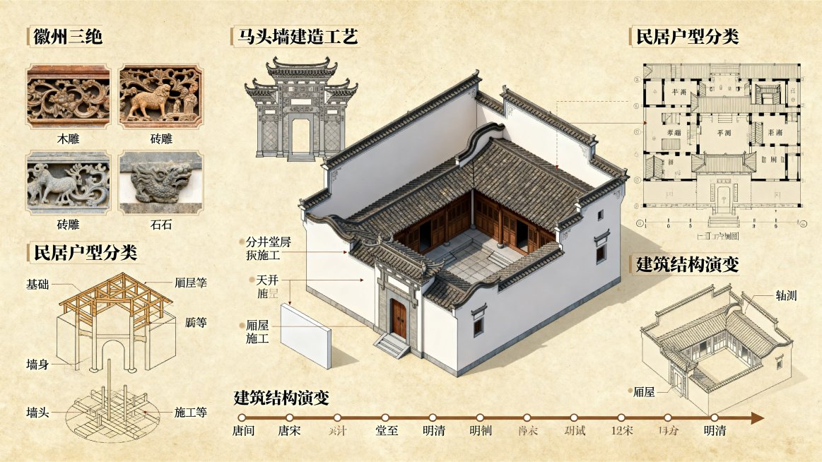 徽派建筑建筑结构信息可视化图，整体为中国风科普信息图，包含完整的徽州三绝、马头墙建造工艺、民居户型分类、建筑结构演变等内容，搭配轴测建筑立体示意图、平面户型图和工艺示意图，配色为复古米黄色调，清晰排版预览效果
