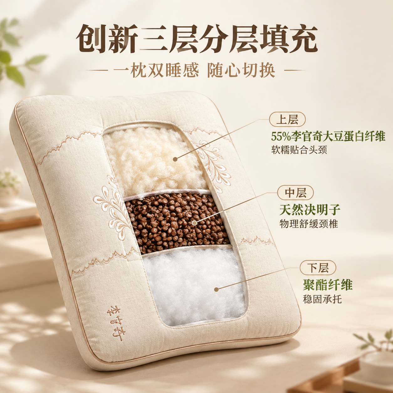 [主图-2] 三层分层填充结构展示主图，清晰呈现枕头内部三层不… - 图片创意预览