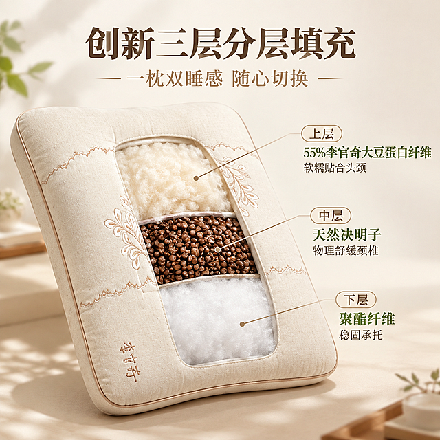 [主图-2] 三层分层填充结构展示主图，清晰呈现枕头内部三层不同填充材质，突出创新分层设计与双睡感卖点。
[统一基调] 温馨居家生活感，高级材质透视，温馨暖调自然光，午后慵懒光斑；整体配色以米白、浅咖、原木色为主，标题字色为深咖色，辅助字色为浅棕褐色，强调色为柔和橄榄绿；字体使用优雅衬线体，字号层级分明，标题最大最粗，辅助文字缩小50%以上；卡片与标签采用轻量细线边框或半透明底，不用厚重色块。
[画面] 画面主体为棉麻决明子枕的剖面分层展示效果，枕头被透明化剖切，清晰可见内部三层填充结构。上层为米白色李官奇大豆蛋白纤维，呈现软糯蓬松的质感；中层为饱满的天然决明子颗粒，呈深褐色颗粒状；下层为白色聚酯纤维，呈现稳固承托的蓬松感。每层之间用细线分隔，并有引线标注指向各层。枕头整体外观保持原产品的米白棉麻面料与刺绣细节，仅中间区域做透明剖切展示。背景为简洁的浅米白渐变背景，干净通透，突出内部结构。画面上方和下方留白用于文字排版。
[光影质感] 商业产品摄影质感，主光来自正上方偏前，光线均匀柔和，各层填充材质质感分明：大豆纤维层柔软蓬松有空气感，决明子层颗粒清晰有光泽，聚酯纤维层细密有支撑感；剖面边缘干净利落，枕头外轮廓保持真实立体感。
[配色] 背景浅米白渐变，三层材质各自呈现本色：上层米白、中层深褐、下层纯白；标注引线为浅咖色细线，标题深咖色，各层名称文字为深咖与橄榄绿搭配。
[文字版式] 画面顶部居中放置主标题"创新三层分层填充"，深咖色衬线体大字；标题下方一行小号副标题"一枕双睡感 随心切换"。三层结构右侧分别用引线标注：上层标注"上层 55%李官奇大豆蛋白纤维 软糯贴合头颈"，中层标注"中层 天然决明子 物理舒缓颈椎"，下层标注"下层 聚酯纤维 稳固承托"。标注文字为深咖色，关键词用橄榄绿色强调。文字排版整齐，不遮挡主体结构。
[输出要求] 比例1:1，2048x2048像素，2K分辨率；结构清晰，层次分明，文字清晰可读；禁止出现平台Logo、水印、错字、模糊、产品变形、穿模、悬浮。