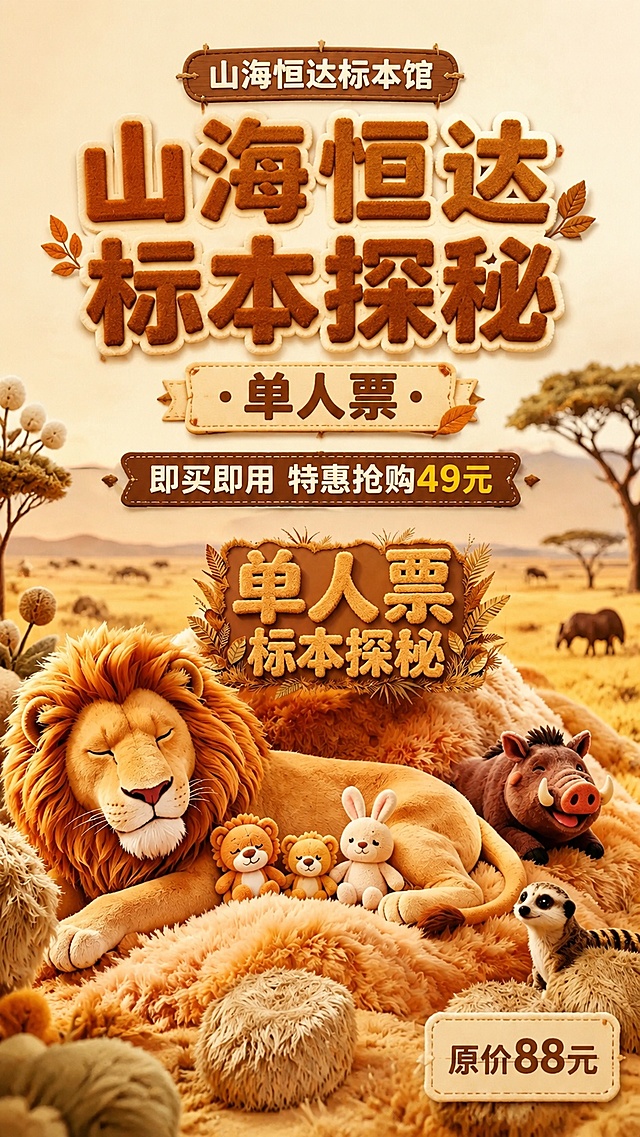 [第1屏] 淘宝天猫详情页头图-山海恒达标本馆单人特惠门票宣传。本屏使用【图1】作为设计主体。
[氛围/风格] 延续毛绒温暖自然风格，科普童趣，自然探索氛围感，商业海报设计质感。
[元素布局] 毛绒狮子主体保留在画面下半部分，占比约60%，上半部分留出主标题区域；背景搭配暖黄色草原远景，点缀毛绒风植物装饰；整体风格与图1毛绒质感保持统一。
[光影质感] 整体暖调柔光，明暗层次柔和，主体毛绒纹理清晰，文字区域明亮易读。
[配色色系] 全局底色 #F9E8D0；主色暖棕色系；辅助色米黄色和深棕色文字。
[视角构图] 居中构图，从上到下阅读动线，头图标题区在上，产品视觉主体在下。
[文字版式] 主标题「山海恒达标本探秘 单人票」，副标题「即买即用 特惠抢购49元」，主标题大字加粗居中，副标题浅色小字在主标题下方；右下角标注「原价88元」做价格对比；所有文字清晰不遮挡主体。
[比例分辨率] 9:16 竖版比例，4K 分辨率，文字清晰可辨，高清画质。
[负向提示词] 变形，水印，文字错乱，文字过小，结构错误，颜色偏差，背景杂乱，绝对化极限词