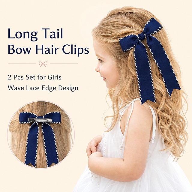 [主图-2] 2Pcs Wave Lace Edge Bow Hair Clips 佩戴效果场景展示。
[统一基调] 亚马逊跨境风格，浅奶油色背景，精致甜美儿童配饰风，英文文案，字体为优雅无衬线体，标题字色为藏蓝色，辅助文字为深灰色。
[画面] 画面主体为一位欧美小女孩的侧面半身像，约4-6岁，金色长卷发，穿着白色连衣裙，面带微笑看向左侧。她的右侧头发上别着一个藏蓝色波浪蕾丝边蝴蝶结发夹，长飘带自然垂落在发丝间，展示真实佩戴效果。小女孩位于画面右侧约三分之二处，左侧留出负空间放置文字。背景为浅奶油色纯色背景，简洁干净。右下角有一个圆形小插图，展示发夹夹在头发上的背面视角特写，可以看到鳄鱼夹结构。
[光影质感] 柔和自然光质感，主光从左侧照射，人物面部光线均匀柔和，发丝有自然光泽，发夹材质真实，蕾丝边细节清晰。整体氛围温馨甜美。
[配色] 浅奶油色背景，藏蓝色发夹，白色蕾丝边，白色连衣裙，金色头发，藏蓝色标题文字，深灰色辅助文字。
[文字版式] 画面左侧上方大标题"Long Tail Bow Hair Clips"，下方小字"2 Pcs Set for Girls"，再下方一行"Wave Lace Edge Design"。文字左对齐，字号有明显层级对比，不遮挡人物和产品。
[输出要求] 1:1正方形比例，2048x2048像素，产品清晰，人物自然，文字清晰可读，无变形、无错字、无模糊、无水印、无平台Logo。
