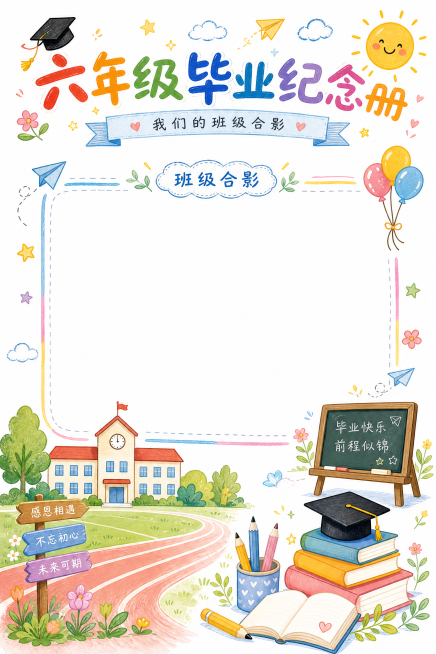 小学六年级毕业纪念册班级合影页，参考图片风格，白底手绘风，预留大尺寸合影位置，装饰校园元素，尺寸A4 210*297mm预览效果