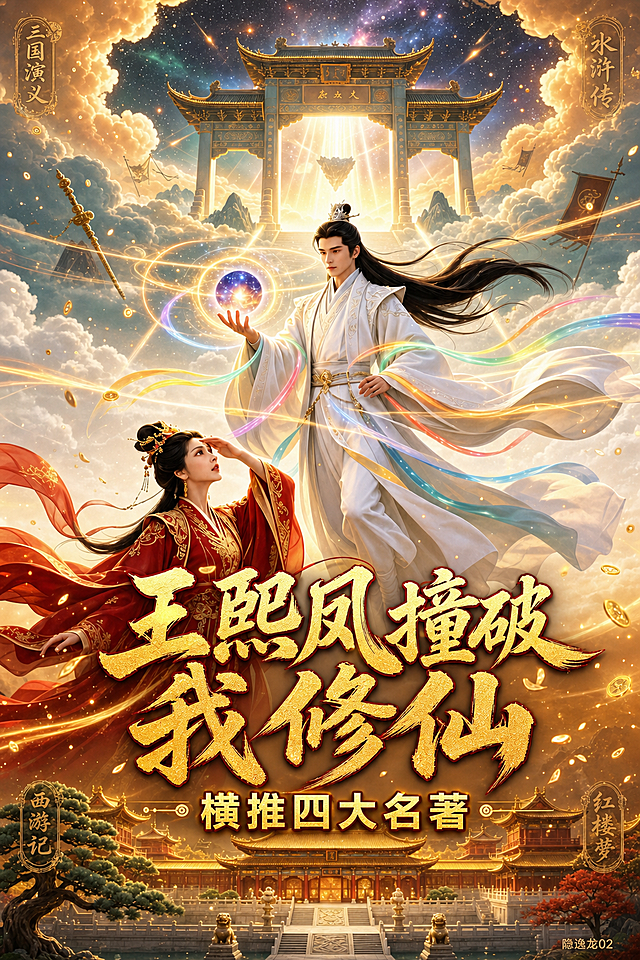 保持原图片中的人物完全不动，按要求优化封面：
1. 字体优化：
- 主标题“王熙凤撞破我修仙”换成大号粗宋体或毛笔书法体，字体颜色为金色，添加细深红色描边，字体比原图增大15%，移动到居中偏下位置，覆盖在男女主腰部区域，不要挡住两人脸部
- 副标题“横推四大名著”换成黑体加粗，比主标题小一号，颜色为暗金色，添加发光效果，放在主标题正下方，保留间距
- 底部小字“——隐逸龙 02——”保持不动
2. 画面氛围优化：
- 在男主手中球体周围增加一圈半透明旋转的金色光带，透明度20%-30%，光带向两边延伸贯穿整个画面，不抢眼
- 画面中增加分散飘落的金色小光点，类似铜钱、花瓣、符文碎片，大小类似萤火虫，数量稀疏，增加灵气氛围
- 四个角各放置一个低透明度的四大名著图标
- 整体画面调整为更亮的暖色调
3. 构图微调：
- 裁掉图片最上方10%的天空和最下方10%的宫殿底部，让男女主身位占据画面中间70%，让构图更紧凑