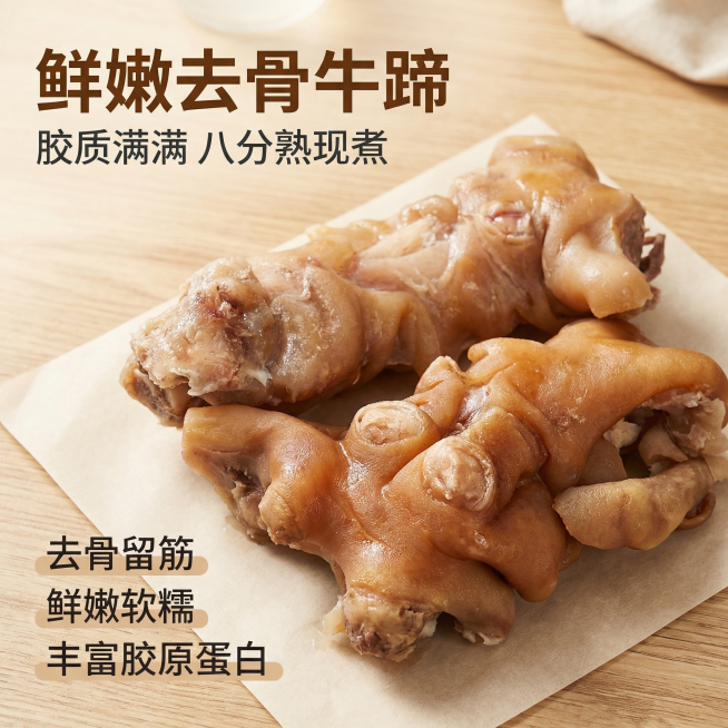 [主图 1] 八分熟去骨牛蹄产品首图
[氛围/风格] 生鲜熟食电商风，自然浓郁食欲感，柔和暖光漫射，突显肉质新鲜通透
[画面元素] 两块处理好的牛蹄居中摆放，保留牛蹄原始外观和肉质纹理，背景替换为干净预览效果