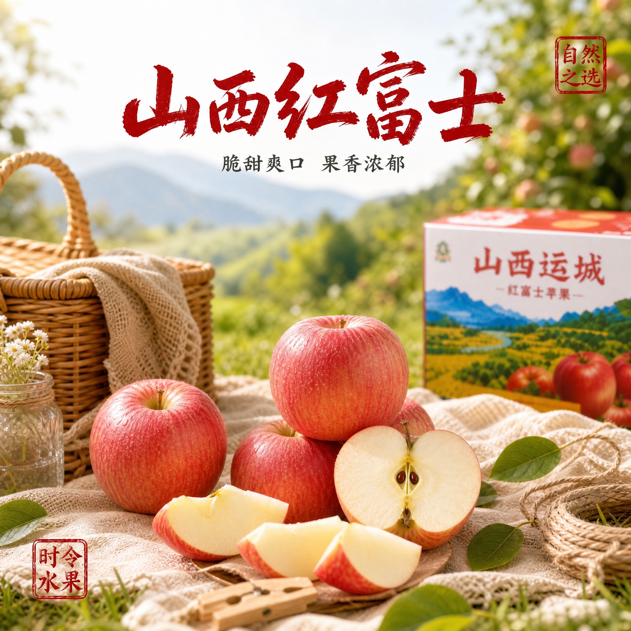 田园野餐风格电商主图海报。画面顶部中央有赤红色手写毛笔字"山西… - 图片创意预览