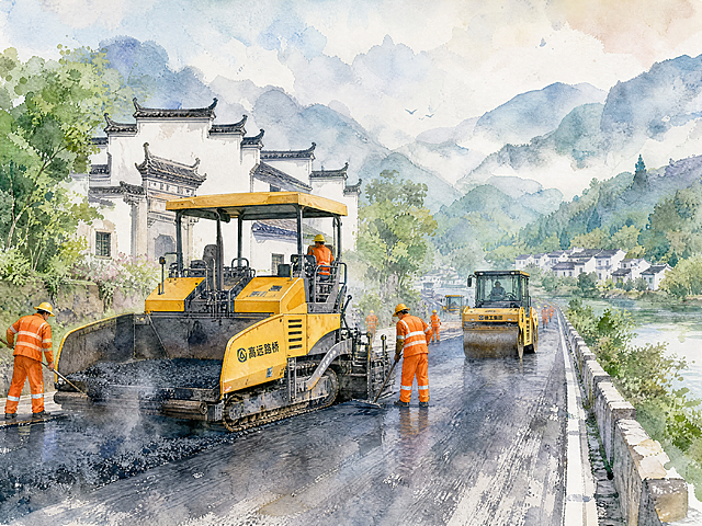 水彩画风格，高速公路路面摊铺养护作业场景。画面中有大型黄色沥青摊铺机和压路机正在作业，工人们穿着橙色反光安全服在路面上施工，沥青冒着淡淡的热气。背景是青山绿水和徽派建筑元素，远处山峦叠嶂云雾缭绕。水彩晕染笔触，色彩清新淡雅，有水彩颜料自然晕开的肌理感，整体色调柔和，高质量水彩插画风格，横版构图