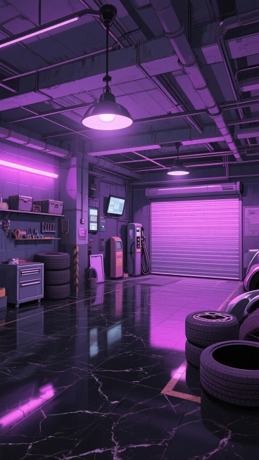 二次元，空车库背景，高级，细节丰富，紫黑色，氛围是魅惑、下沉，生成2张，不要人，4k预览效果