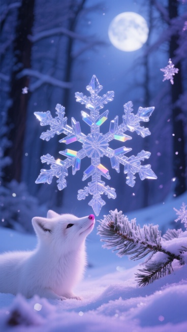 微距特写，在一片被月光染成蓝紫色的寂静森林空地上，一只通体雪白的小狐狸正用它粉色的鼻尖轻轻触碰一片落在松针上的巨型雪花——这片雪花拥有完美的六边形结构，每个冰晶枝杈都像精心雕刻的钻石蕾丝，在清冷的月光下折射出彩虹般的微光，雪花边缘泛着冰蓝色的光晕，松针上凝结的霜花与雪花形成精致的几何呼应，背景是被雪覆盖的模糊树影和散落的冰晶光点，整体色调以冰蓝与紫罗兰为主，营造出一种童话般的神秘与纯净感。预览效果