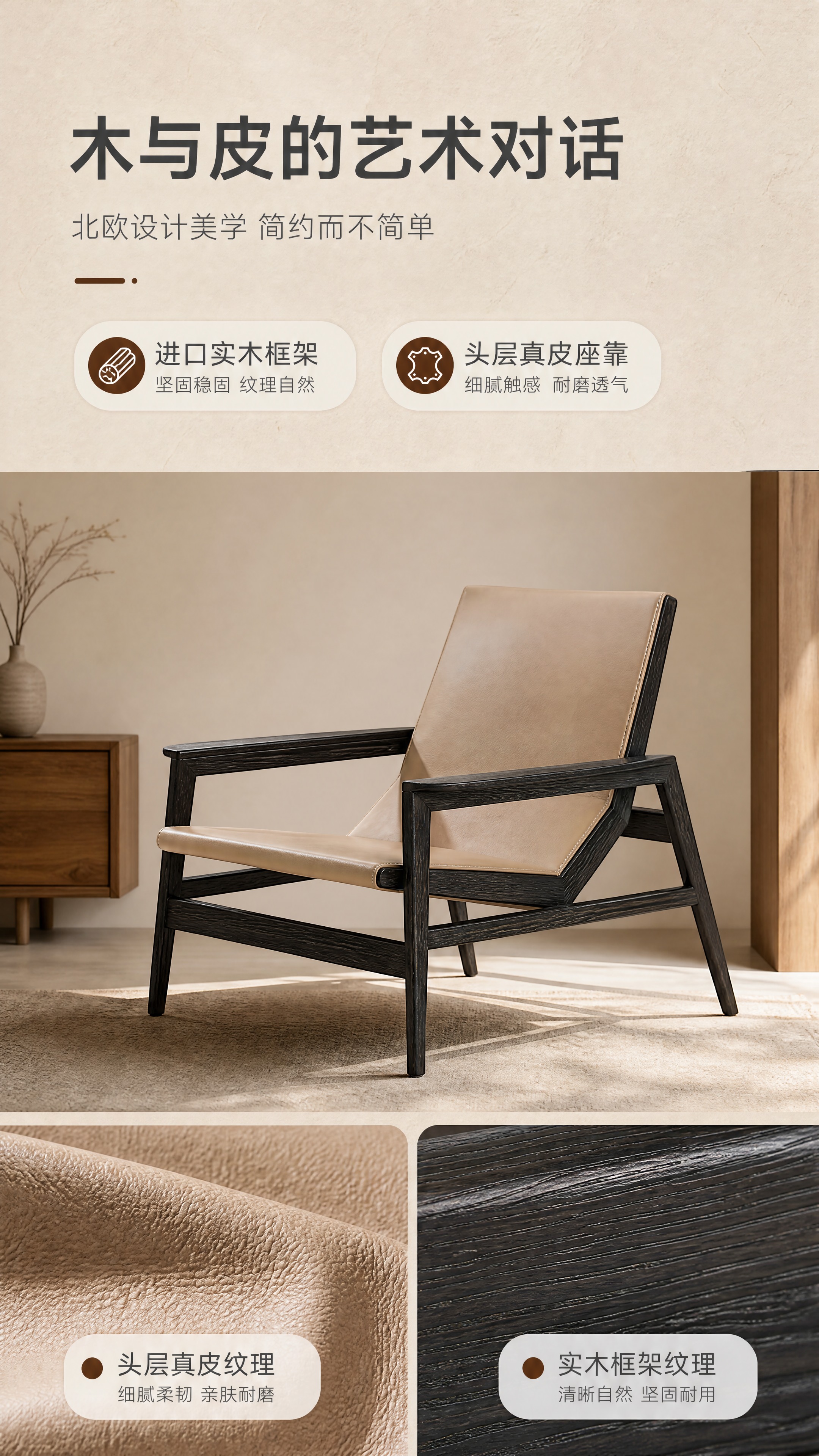 [商品] 使用【图1】北欧简约实木真皮休闲椅；保留黑色实木框架… - 图片创意预览