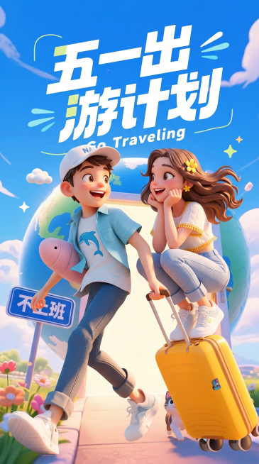 参考图片1的3D卡通插画风格，人物形象参考图片4，生成一个男孩拉着黄色行李箱，行李箱上面蹲着一个女孩，两人做出甜蜜的动作，全身展示，镜头特写，画面有冲击力，适合活动页面，高饱和度色彩，高清晰度预览效果