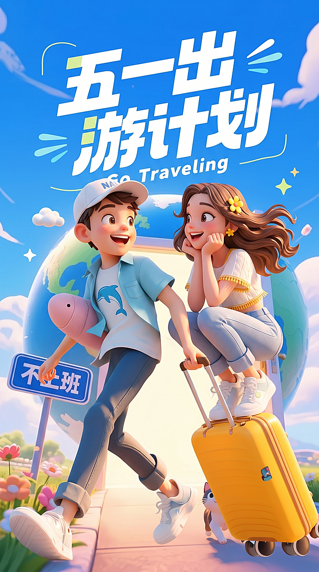参考图片1的3D卡通插画风格，人物形象参考图片4，生成一个男孩拉着黄色行李箱，行李箱上面蹲着一个女孩，两人做出甜蜜的动作，全身展示，镜头特写，画面有冲击力，适合活动页面，高饱和度色彩，高清晰度