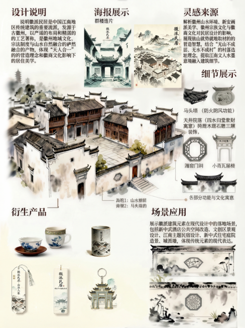 提取裁切这张图的右侧区域，保留灵感来源、细节展示、衍生产品和场景应用板块内容，保持原图文和水墨画风格不变预览效果