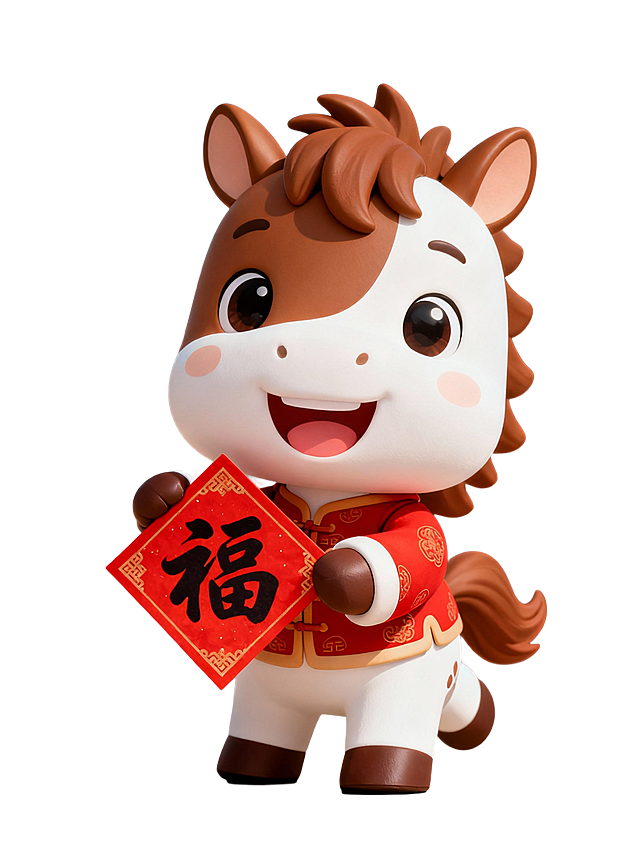 软3D风格的拟人小马，身着国潮风唐装，手持“福”字春联，融合可爱与卡通感，传递浓厚喜庆氛围。