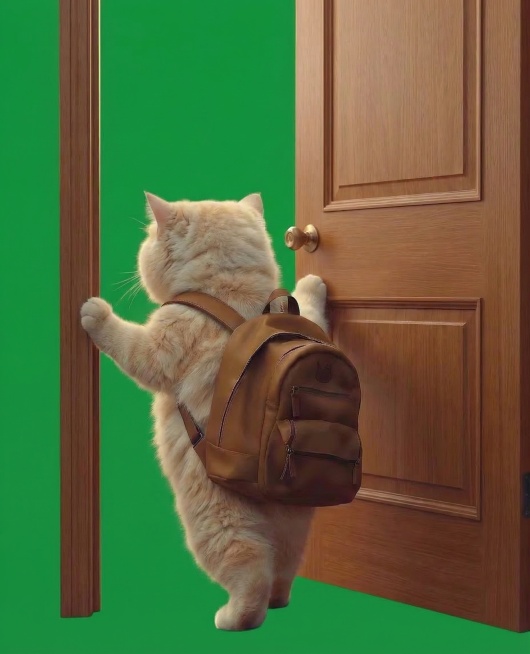 修改画面为小猫背着棕色背包推开一扇门，做出离开房间的动作，保持绿幕背景不变，小猫毛茸茸的形象不变预览效果