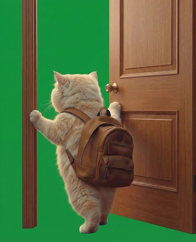 修改画面为小猫背着棕色背包推开一扇门，做出离开房间的动作，保持绿幕背景不变，小猫毛茸茸的形象不变